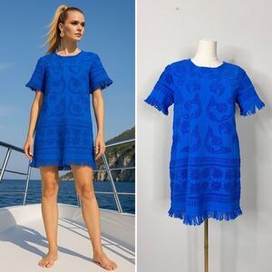 Lucy Folk Towelling Mini Dress Size S Blue Fringe Boho Preppy Vacation Resort